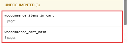 WPConsent Cookie Inspector panel listing the two WooCommerce cart cookies under Undocumented