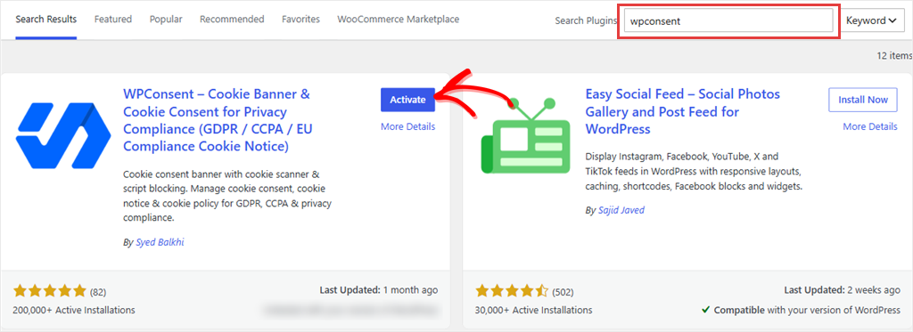 WordPress Add Plugins screen with WPConsent in the search results and its Activate button highlighted.