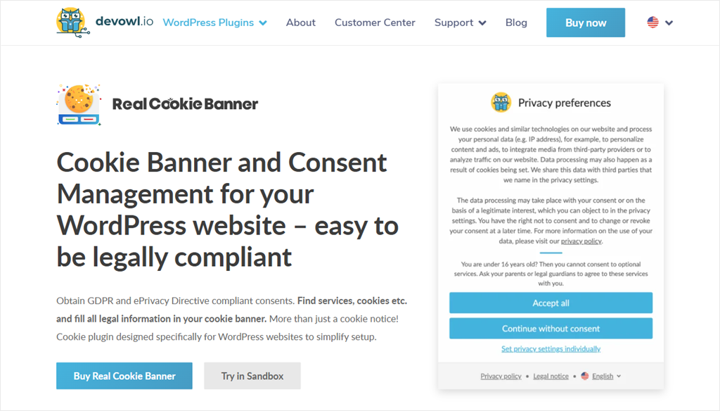 The Real Cookie Banner product page on devowl.io, with a sample privacy preferences banner.