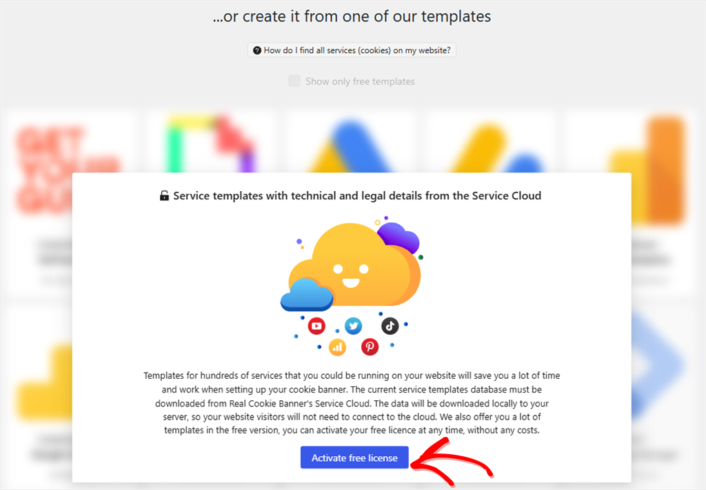 Real Cookie Banner's service templates hidden behind a panel asking you to activate a free license.