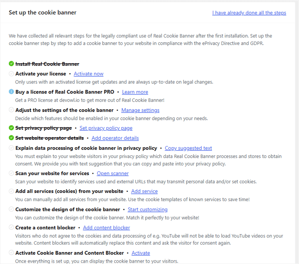 Real Cookie Banner's setup checklist, listing steps such as activating a license, scanning the website, and adding services.
