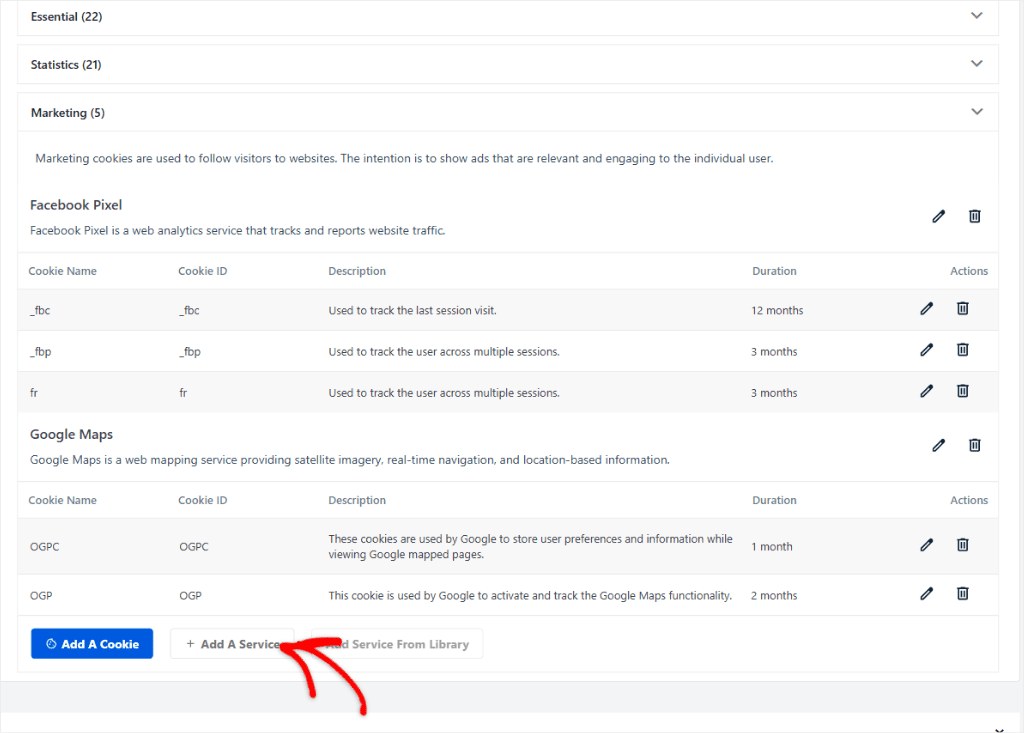 The Cookies tab in WPConsent settings, showing the Marketing services and the Add A Service button.