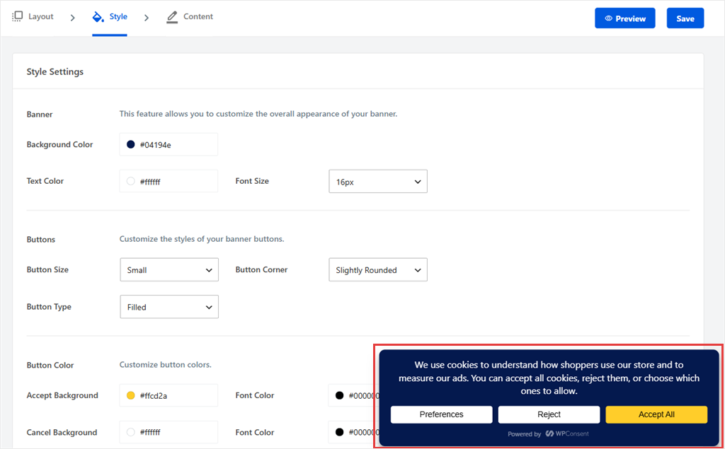 WPConsent's Banner Design style settings with the banner preview showing in the corner of the screen.