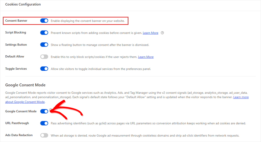 WPConsent Settings screen with the Consent Banner toggle switched on near the top and the Google Consent Mode toggle switched on in its own section below.