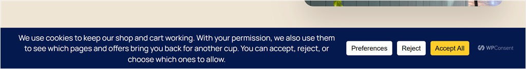 WPConsent cookie banner at the bottom of the Harbor & Pine Coffee demo site, with Preferences, Reject and Accept All buttons.