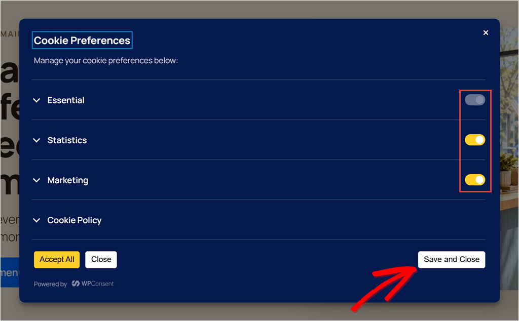 WPConsent Cookie Preferences panel with Essential locked on, Statistics and Marketing switched on, and the Accept All, Close and Save and Close buttons.