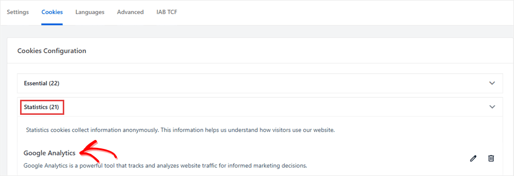WPConsent Cookies tab with the Statistics category open and Google Analytics listed as a service inside it.