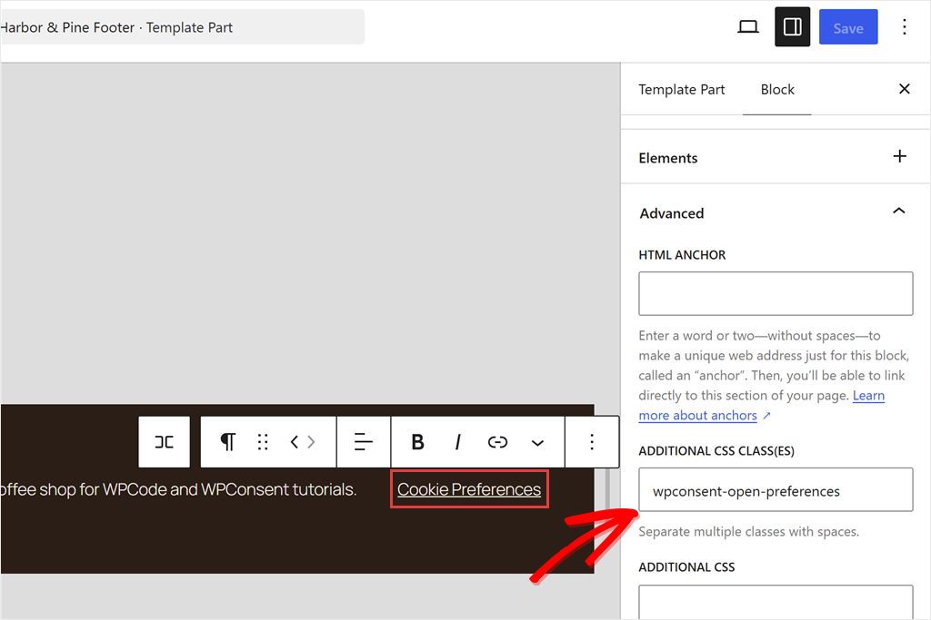 WordPress Site Editor with the footer's Cookie Preferences paragraph selected and wpconsent-open-preferences in the Additional CSS class(es) field.
