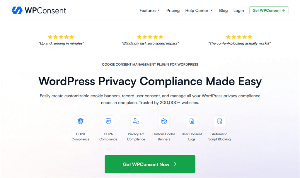 The WPConsent homepage, headlined WordPress Privacy Compliance Made Easy.