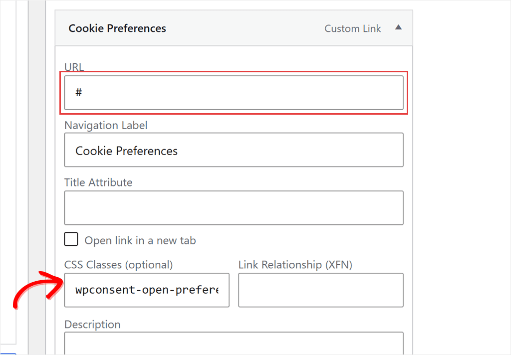 Classic WordPress menu item named Cookie Preferences with # as the URL and wpconsent-open-preferences in the CSS Classes field.