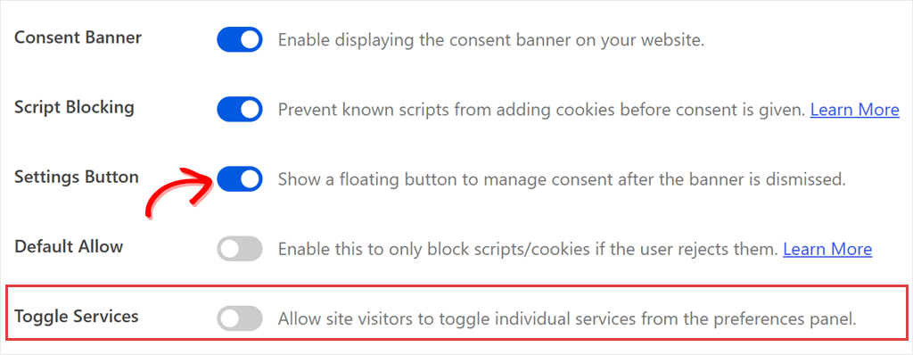 WPConsent Settings screen with the Settings Button toggle switched on and the Toggle Services row just below it.