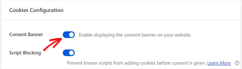 The Consent Banner toggle switched on in WPConsent settings.