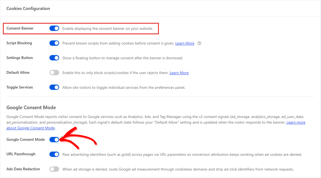 WPConsent's settings page with the Consent Banner toggle and the Google Consent Mode toggle both switched on.