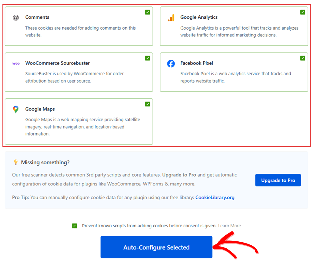 WPConsent's scan results screen showing five detected services, each ticked, and the Auto-Configure Selected button below them.
