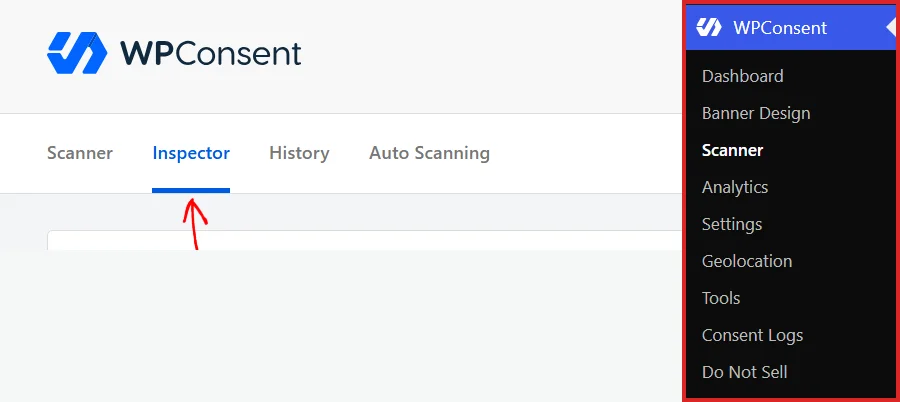 The WordPress admin sidebar with Scanner selected under the WPConsent menu, and an arrow pointing at the Inspector tab in the Scanner tab row
