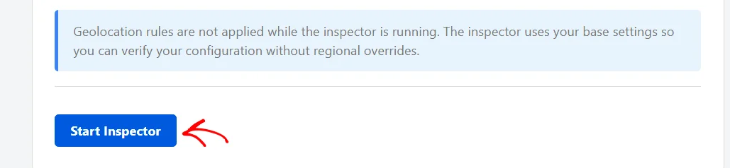 An arrow pointing at the Start Inspector button below the geolocation notice on the Cookie Inspector panel