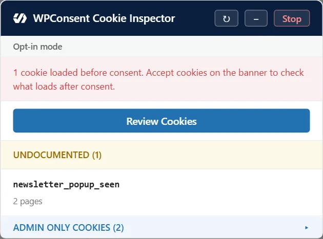 The WPConsent Cookie Inspector panel before consent, reporting that one cookie loaded before consent, with a Review Cookies button and the newsletter_popup_seen cookie listed under Undocumented