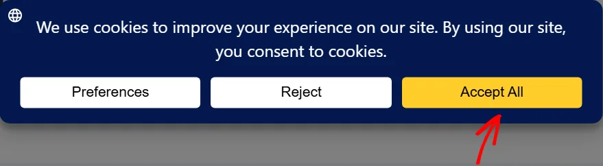 The WPConsent consent banner with an arrow pointing at the Accept All button, next to the Preferences and Reject buttons