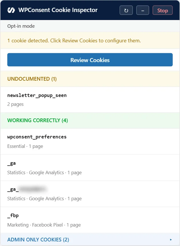 The Inspector panel after consent, with the newsletter_popup_seen cookie under Undocumented and four cookies under Working Correctly, each showing its category and service