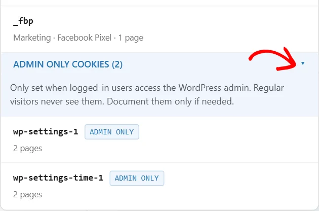 The expanded Admin Only Cookies group with an arrow pointing at its toggle, an explanation that these cookies are only set for logged-in users, and the wp-settings-1 and wp-settings-time-1 cookies marked Admin only