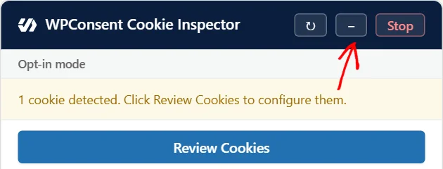 An arrow pointing at the minus sign button in the Inspector panel header, between the reset button and the Stop button