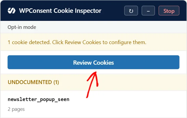 An arrow pointing at the Review Cookies button in the Inspector panel, above the Undocumented group
