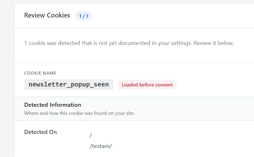 The Review Cookies panel showing 1 / 1, the cookie name newsletter_popup_seen with a Loaded before consent badge, and the two pages it was detected on