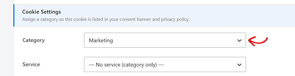 The Cookie Settings section with Marketing selected in the Category dropdown and an arrow pointing at it, and the Service dropdown below it