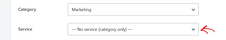 An arrow pointing at the Service dropdown, which reads No service (category only), below the Category dropdown set to Marketing