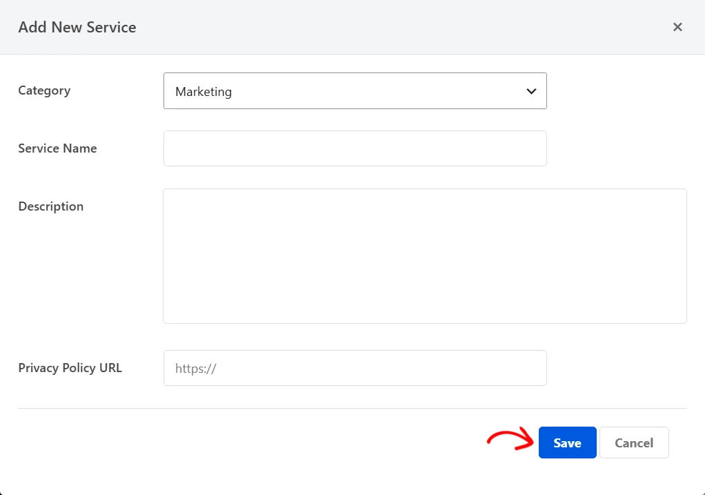 The Add New Service form with the Category set to Marketing and empty Service Name, Description, and Privacy Policy URL fields, plus Save and Cancel buttons