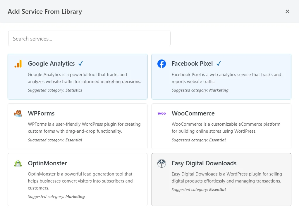 The Add Service From Library window with a search field and service cards for Google Analytics, Facebook Pixel, WPForms, WooCommerce, OptinMonster, and Easy Digital Downloads, the first two marked with a check